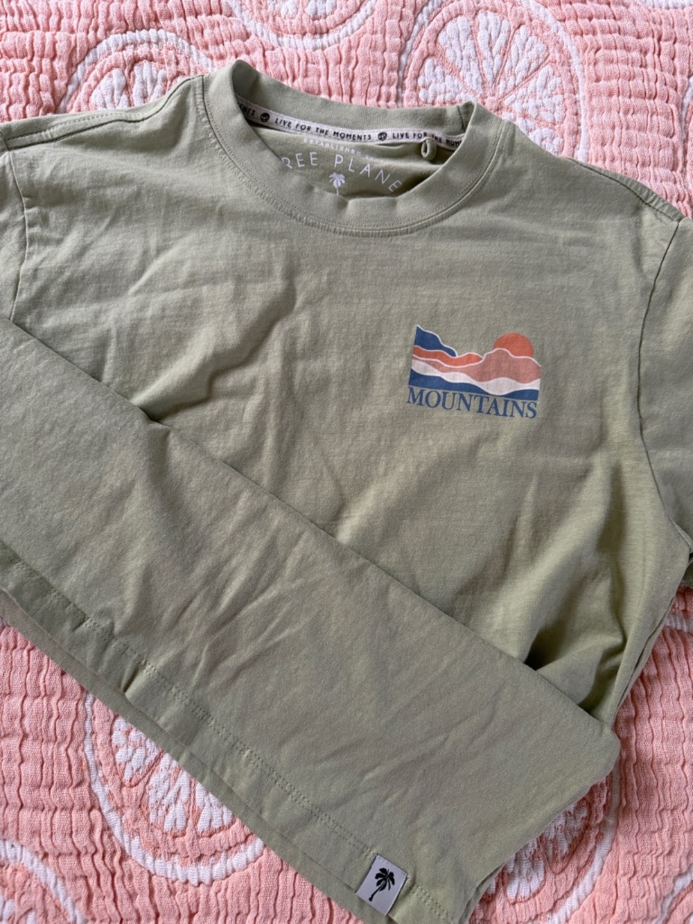 Free Planet Olive Green Long Sleeve Tee with Multicolor Mountains Graphic